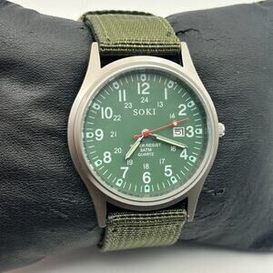 SOKI Military-style Army Green Nylon Strap Men’s Watch Working New Battery
